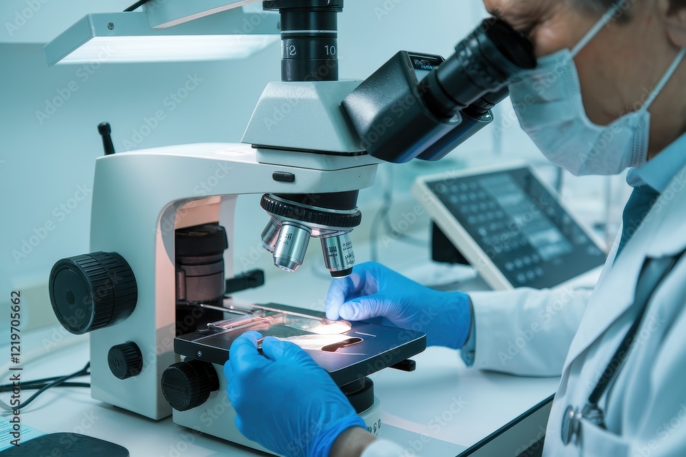 Poster scientist using advanced microscope in a modern laboratory