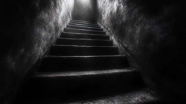 Dark basement stairs leading into pitch-black darkness, faint light above, suspenseful horror theme  