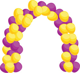 Festive balloon arch in vibrant yellow and purple, perfect for celebrations and events, adding a touch of joy and color