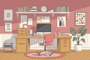 A cozy and organized home office with a desk  computer  chair  and plants.