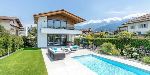 modern luxury villa with sleek glass architecture, vibrant landscaping, and breathtaking panoramic lake and mountain views under a bright blue sky