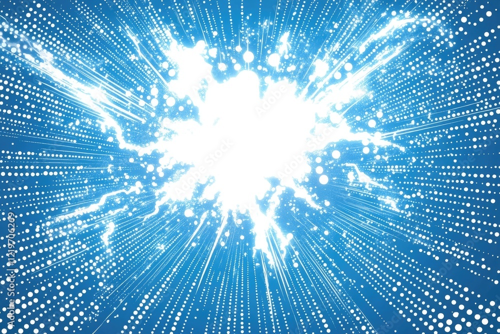 Poster abstract design featuring a blue background with white dots and a starburst pattern