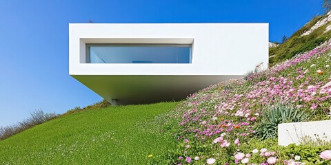 modern luxury villa with sleek glass architecture, vibrant landscaping, and breathtaking panoramic lake and mountain views under a bright blue sky