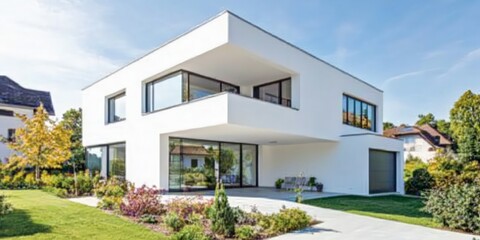 modern luxury villa with sleek glass architecture, vibrant landscaping, and breathtaking panoramic lake and mountain views under a bright blue sky