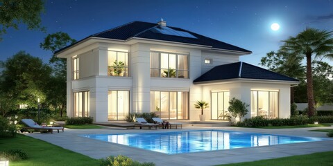 modern luxury villa with sleek glass architecture, vibrant landscaping, and breathtaking panoramic lake and mountain views under a bright blue sky