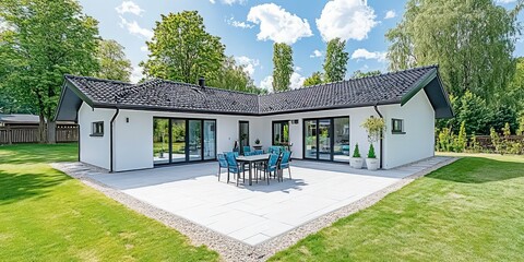 modern luxury villa with sleek glass architecture, vibrant landscaping, and breathtaking panoramic lake and mountain views under a bright blue sky