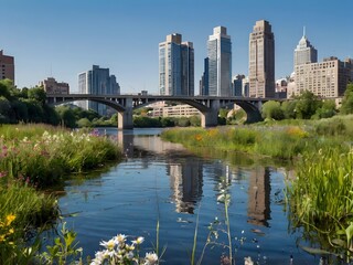 Urban River  Cityscape Reflection  Bridge  Flowers