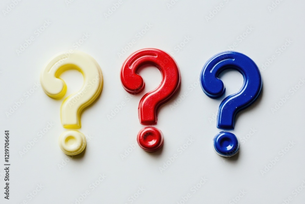 Poster a set of three differently colored question marks on a white background, perfect for use in educatio