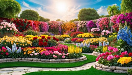 Obraz premium Vibrant garden design featuring diverse flowers and pathways under a bright sunny sky