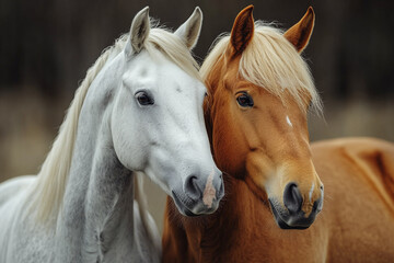 Two horses stand close together displaying their coats