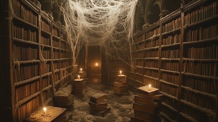 Ancient, cobweb-covered library with rows of dusty books, flickering candlelight, haunted feel 
