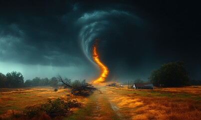 Fototapeta premium Fiery tornado approaches desolate farmhouse.