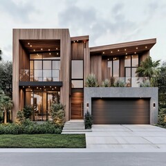 modern luxury villa with minimalist architecture, lush landscaping, large glass windows, wooden accents, and a sleek driveway in a serene setting