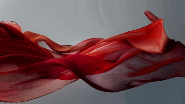 Flying red silk textile flag flag background. Smooth, elegant red satin sways graceful waves folds. isolated white background. Red curtain.