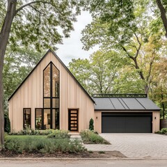 modern luxury villa with minimalist architecture, lush landscaping, large glass windows, wooden accents, and a sleek driveway in a serene setting