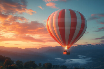 Obraz premium Hot Air Balloon Soaring Over Majestic Sunrise Mountains