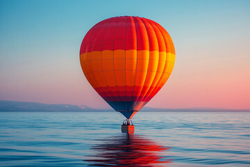Fototapeta premium Hot Air Balloon Floating Serenely Over Calm Water At Sunset