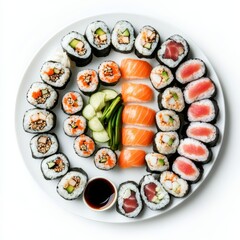 A platter of assorted sushi rolls with pickled ginger and soy sauce, isolated white background, impressionist art style