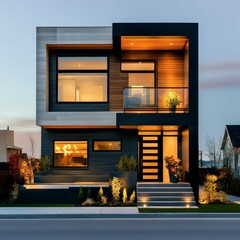 modern luxury black house with minimalist architecture, large glass windows, stylish lighting, and elegant landscaping creating a sleek urban residence