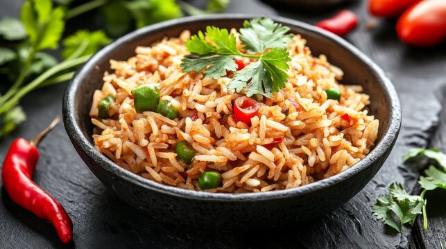 Image of a rice dish with spicy chili and fresh cilantro on a textured stone plate. Ideal for spicy food lovers and recipe collections.