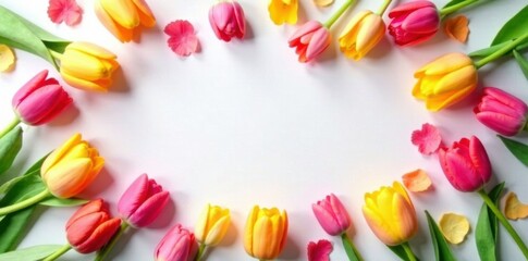Colorful tulips scattered on a soft white background, spring, petals, paper