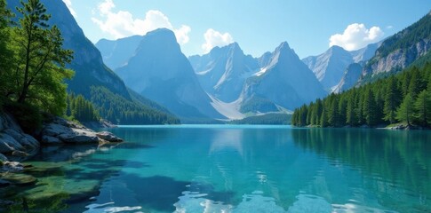 Limestone peaks rise from crystal-clear lake surface, clear water, serenity