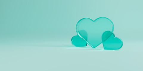 Turquoise glass hearts stand on a turquoise background. Valentine's day romantic concept. 3d render illustration