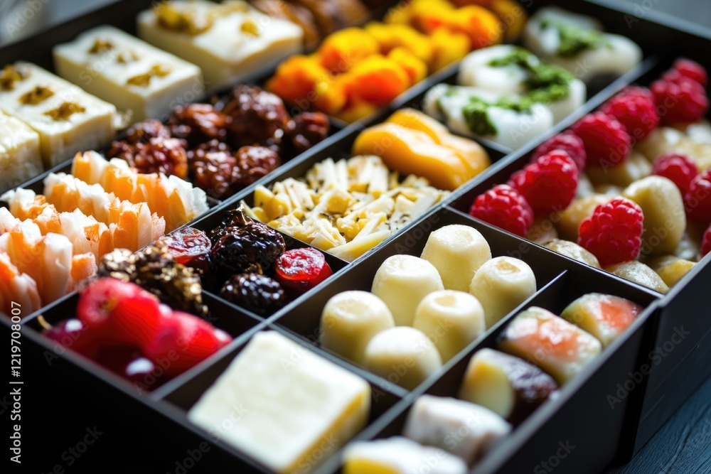 Poster a selection of various foods stored in a black container