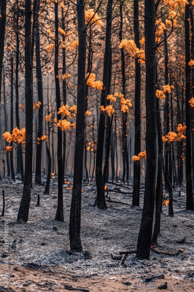 Poster a dense forest with many charred and blackened tree trunks, likely the result of a wildfire or inten
