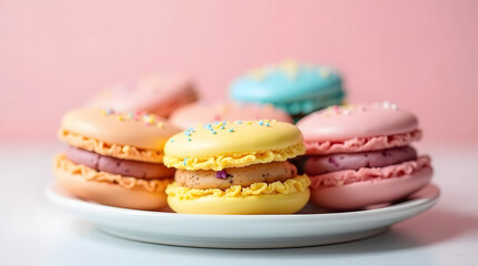 Fototapeta premium Bright pastel macarons on a white plate - close-up for a banner dedicated to gourmet desserts, pastries, food photography and sweet treats.