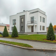 modern minimalist white house with large glass windows, clean geometric design, illuminated interior, and spacious outdoor patio at dusk
