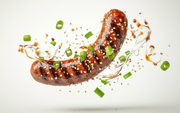 A tender pork sausage mid-air with a bold hoisin sauce wave, surrounded by floating sesame seeds and scallions, on a pristine white background