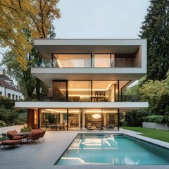 modern luxury villa with minimalist white architecture, landscaped garden, elegant entrance, and a bright blue sky creating a sophisticated ambiance
