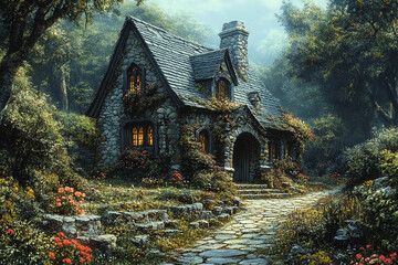 Fototapeta premium Stone Cottage Nestled In A Lush Forest Garden