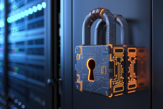 Futuristic padlock securing server rack  data protection concept