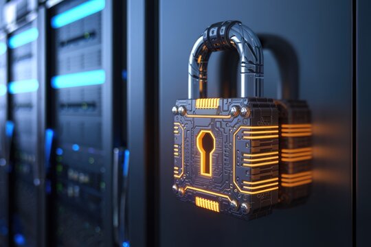 Cybersecurity padlock on server rack  protecting data.