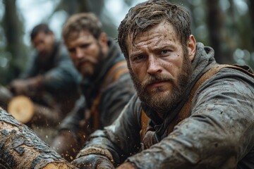 Obraz premium A man with a beard is cutting a log outdoors