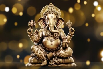 Fototapeta premium A golden statue of Ganesha the Hindu god of wisdom and prosperity with a bokeh background.