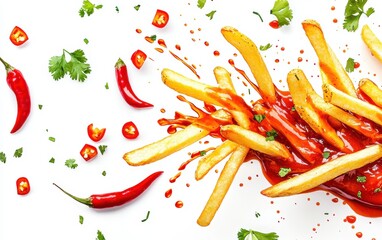 A vibrant wave of spicy chili sauce splashing around flying French fries, surrounded by floating cilantro leaves and diced red chilies, on a clean white backdrop
