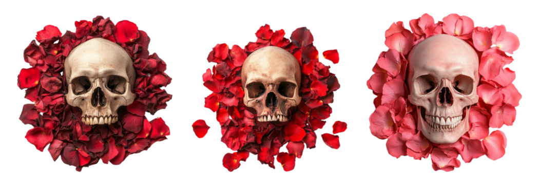 Three skulls surrounded by red and pink rose petals on a transparent background - Powered by Adobe