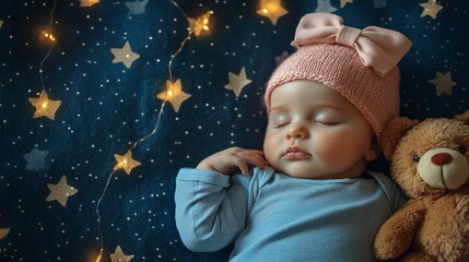 A baby sleeping with a teddy bear under a starry night background. Ideal for themes of innocence, baby care, and peaceful sleep.