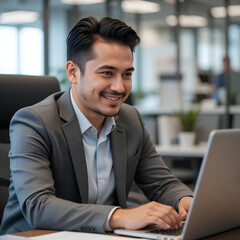 A Hispanic professional seated at a desk, smiling slightly while focused on a laptop screen.