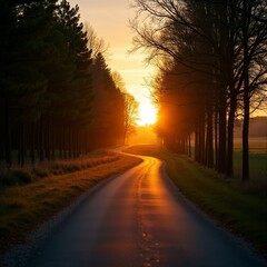 Obraz premium Winding country road at sunrise, tranquil landscape with golden light