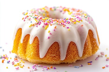 Vanilla bundt cake with white icing and colorful sprinkles on white background