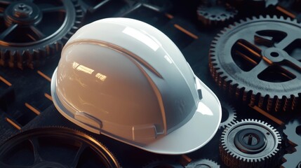 A hard hat sits atop industrial gears, ready for work