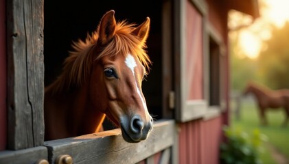 Little red pony peering out from behind wooden beam, countryside, red, stable
