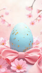 Fototapeta premium Whimsical watercolor of a pale blue Easter egg on a pink satin ribbon with golden speckles and cherry blossom petals, soft airy background for a charming postcard