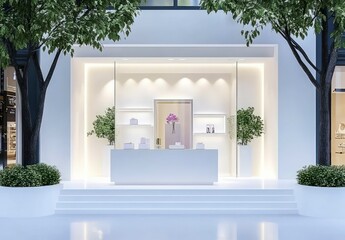modern minimalist store window display with elegant lighting, neutral colors, and stylish decor showcasing luxury products in a sleek retail setting