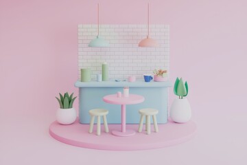 Pastel colored cafe interior with brick wall  plants and hanging lamps