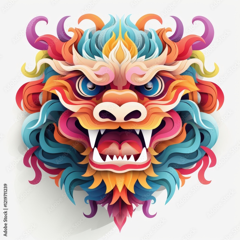 Poster vibrant colorful lion head design with intricate patterns and bold colors